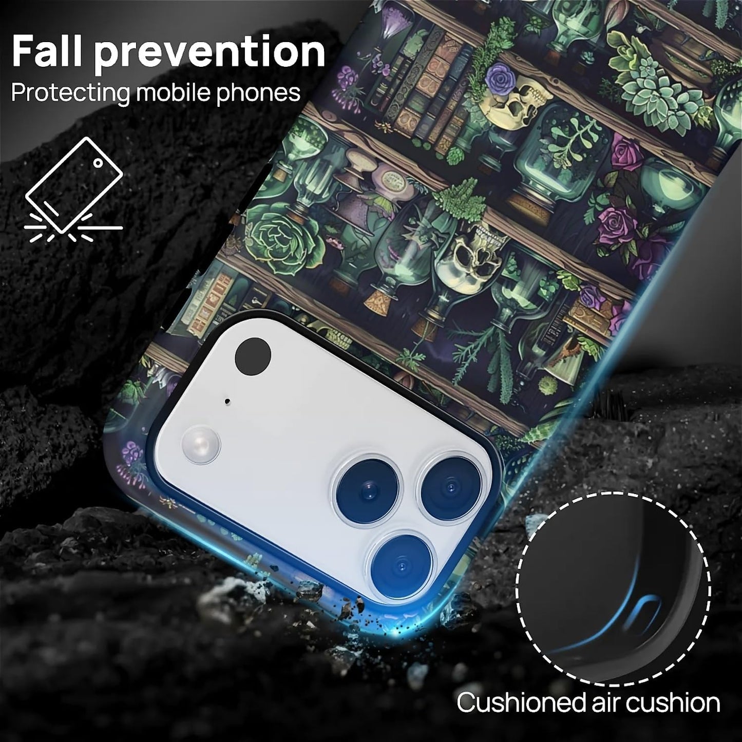 Akinmi 17 17 Case for iPhone Pro,Skeleton Bookshelf Flowers Exquisitely Pattern Double Protective Phone Cover Cases