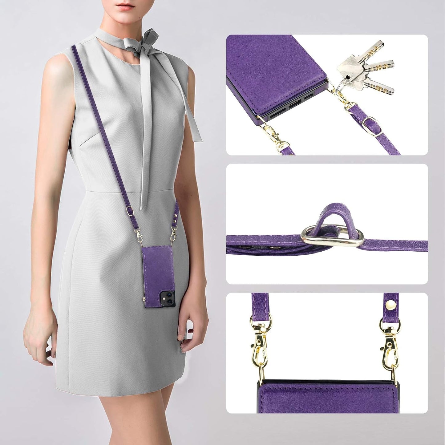 Bocasal 12/12 6.1 Inch(Purple) Crossbody Wallet Case for iPhone Pro with Card Holder,Zipper Card Slot Protector