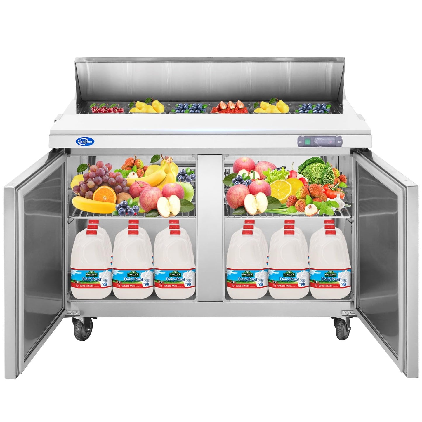 kalifon 60" W 2 Door Refrigerator Sandwich Salad Prep Table Commercial Stainless Steel Fan Cooling Refrigerator with Cutting Board, 2 Shelves & 24 Pans for Restaurant, Bar, Shop-16.4 Cu.ft