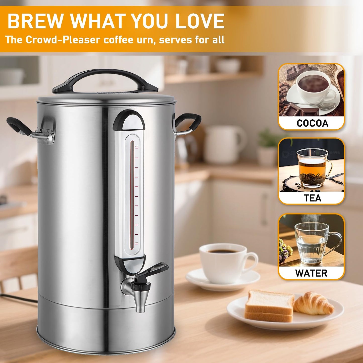 Fattong's Lab Commercial Coffee Urn, 120 Cup/20L Large Coffee Maker for Catering & Events, Stainless Steel Percolator, 1300W Quick Brew Hot Water Dispenser with Double Wall Insulation, Silver