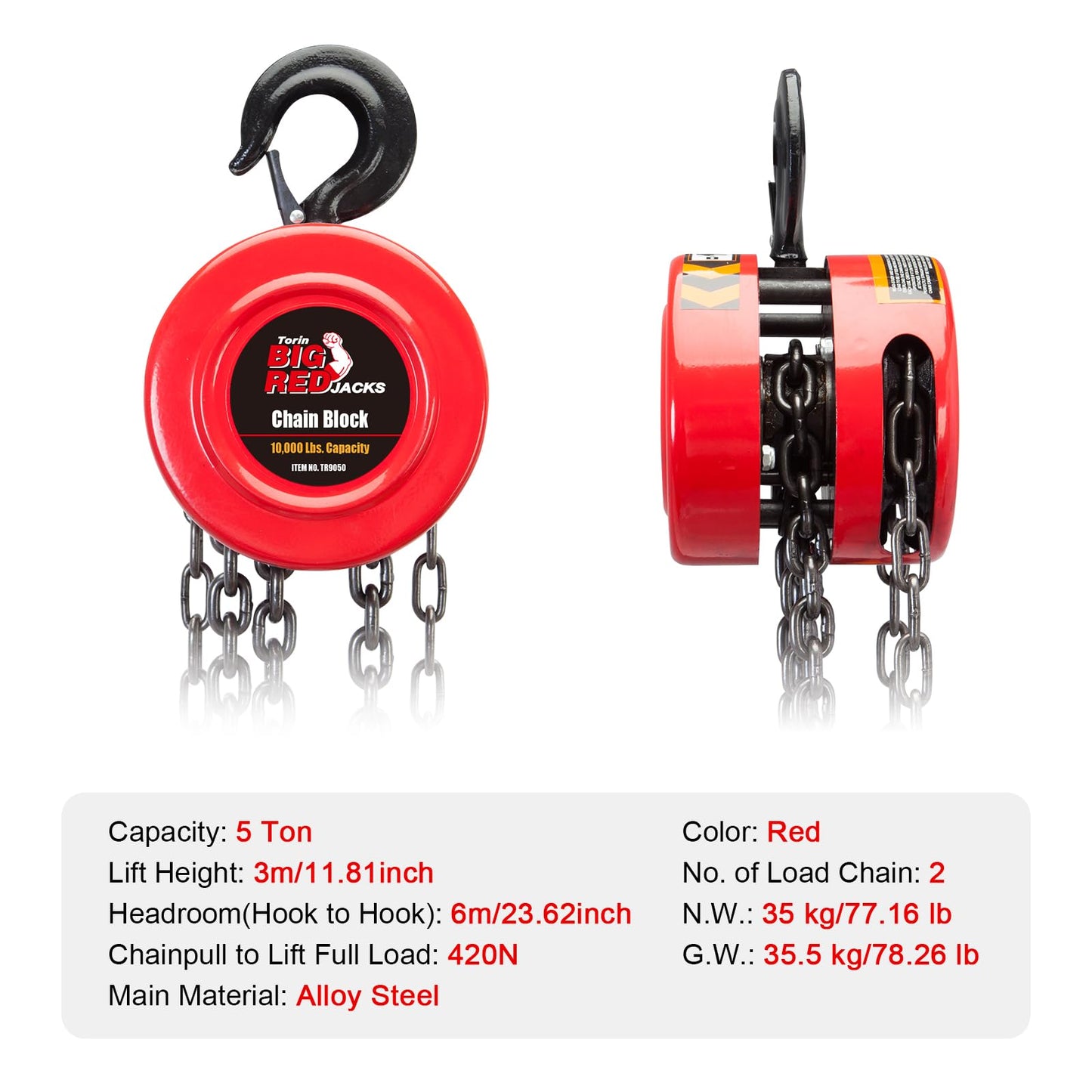 Big RED Manual Hand Lift Steel Chain Block Hoist with 2 Hooks, 5 Ton (10,000 lb) Capacity, Red