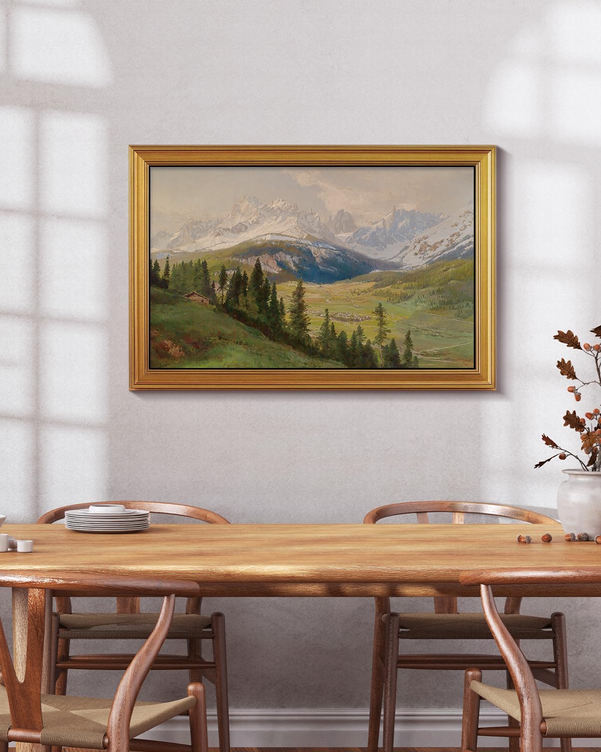 VIYYIEA Vintage Gold Framed Wall Art - Snow Mountains Canvas Print for Living Room | Large 36" x 24" Oil Painting
