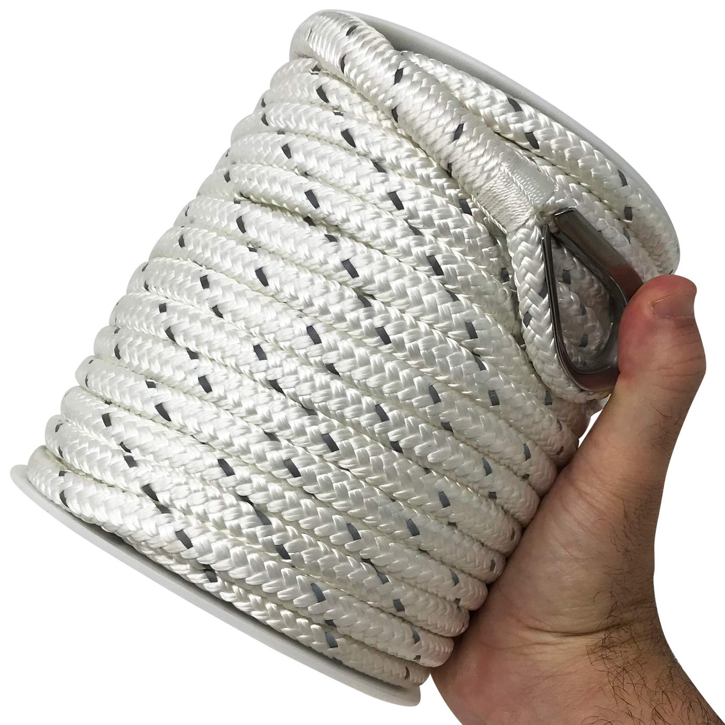 Better Boat Premium Anchor Rope, 100 Ft Double Braided White Nylon Marine Line, Reflective 3/8 Inch Reel for Anchors and Boats - White