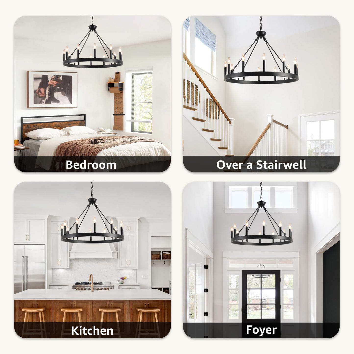 VBKK Wagon Wheel Chandelier 32" 12-Light, Round Black Chandeliers Farmhouse Modern Wagon Wheel Light Fixtures, for High Ceiling Dining Living Room, Foyer, Entryway