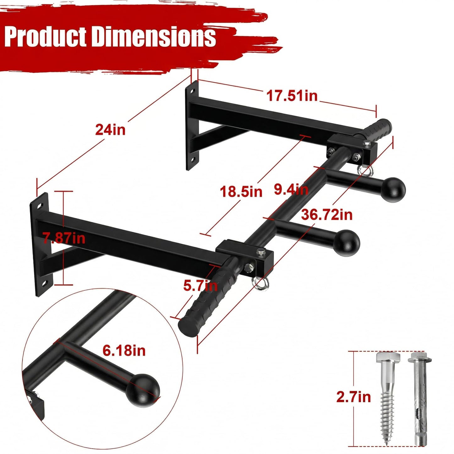 HWOOUSA Wall Mount Pull Up Bar, Heavy Duty Steel PullUp Bar Fits Wood Studs, Multi Grip Pull Up Bar with Ball Finger & Round Rings, for Home Gym Garage Basement Strength Training Chin Up Bar