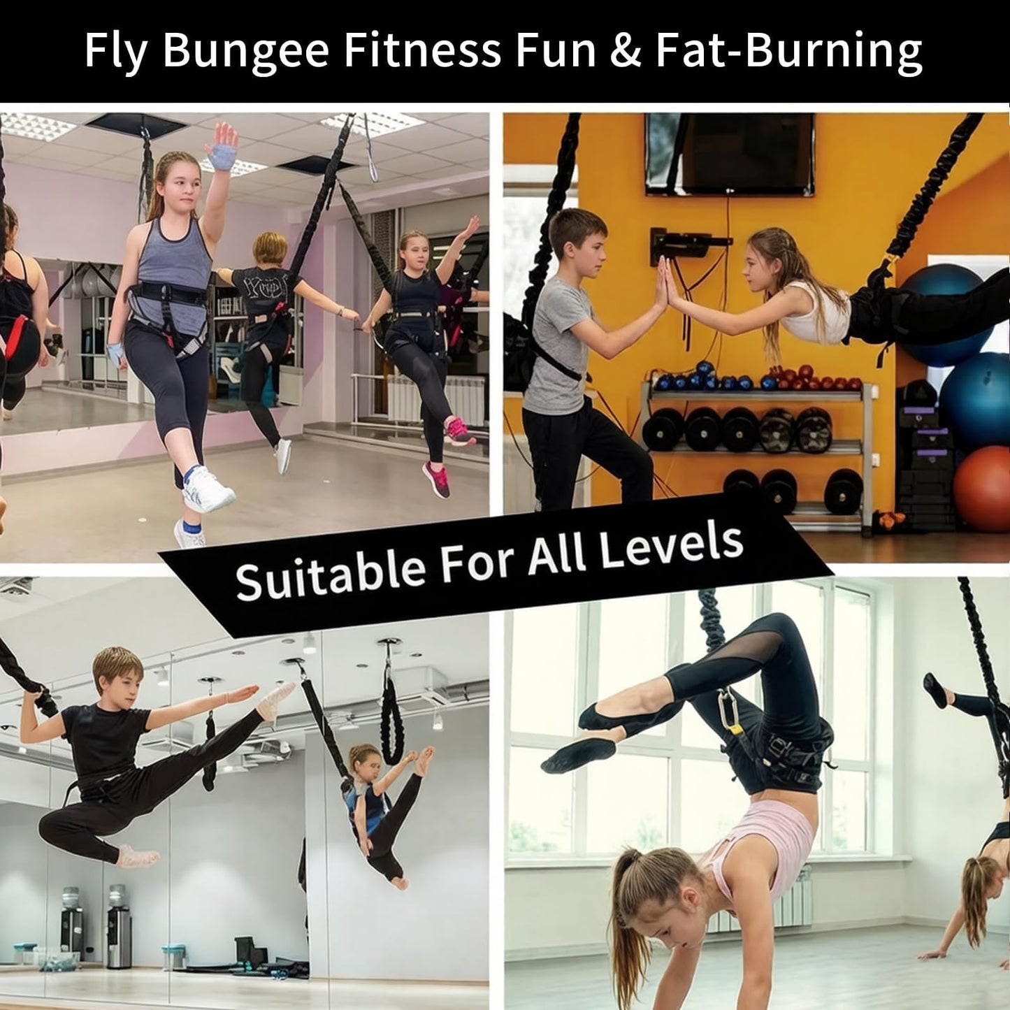 PRIOR FITNESS Bungee Fitness Kids for Home- 4D Bungee Resistance Band Suitable for Indoor Yoga & Air Dance – Adjustable Harness with 360° Rotational Device,Includes Workout Guide