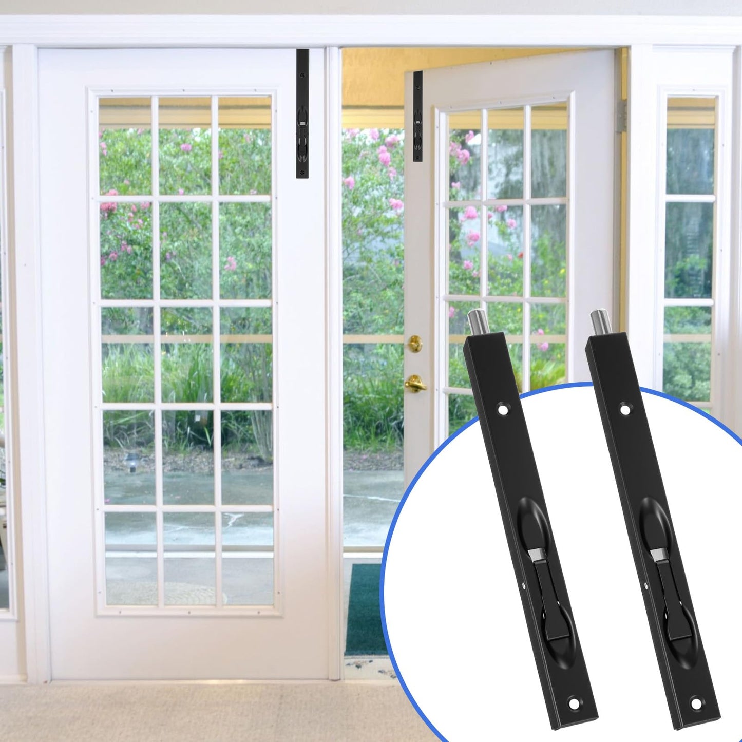 2 Pack Flush Bolt for Double Door, 8 Inch Stainless Steel French Door Lock with Three-Hole Plate and Screws, Flush Latch Bolts for Inactive Leaf Wood Double Dummy Doors(Black)