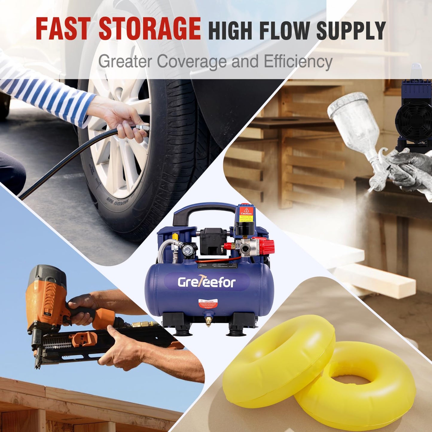 Air Compressor, 1 Gallon Ultra Quiet Portable 60 dB, 13-Second Quick Fill, 1 Gallon Compact, Oil-Free for Tire Inflation/Nail Gun/Pneumatic Tools/Cleaning in Home or Shop Projects, 1.5HP, Violet