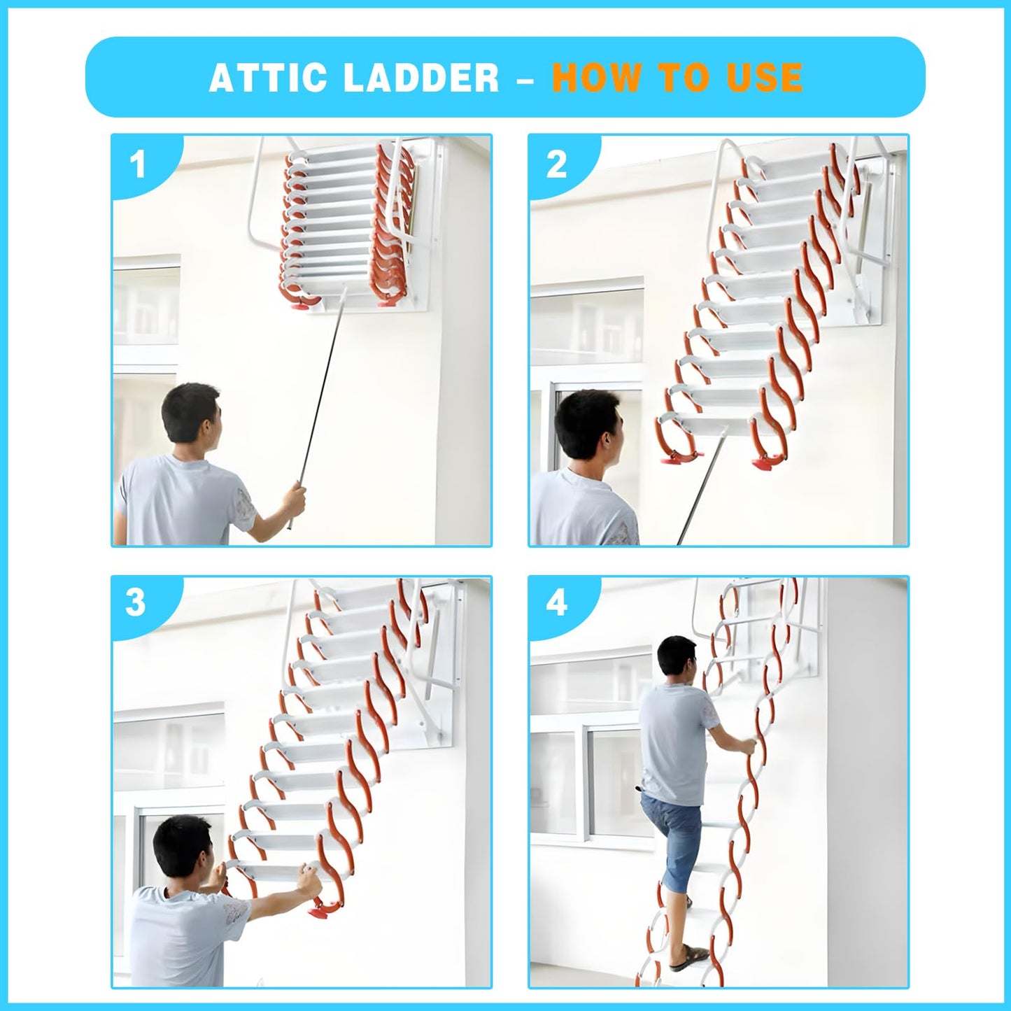 12 Steps Wall-Mounted Attic Ladder, Attic Pull Down System, Retractable Ladders for Loft, Metal Folding Attic Ladder Telescoping Steps, Pull Down Stairs for Attics Garages Roofs (Black-White, 12 Step)