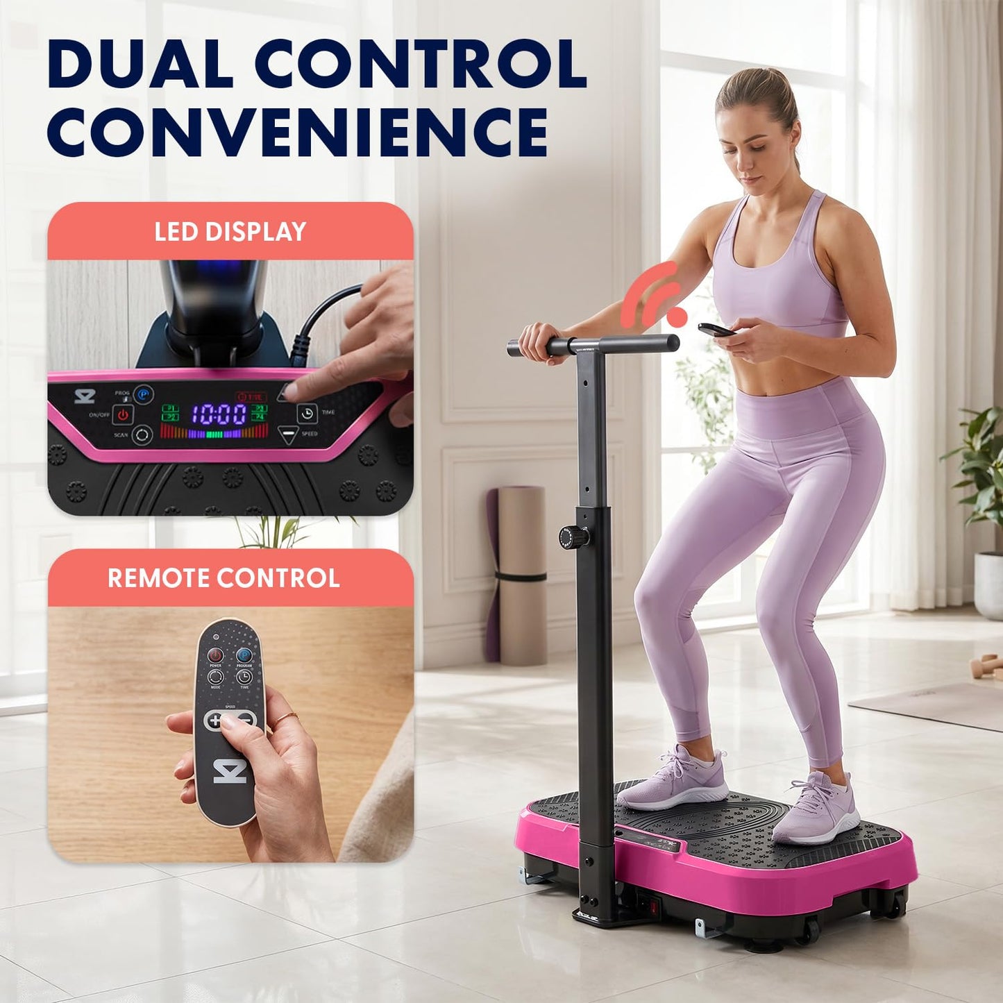 SQUATZ Vibration Plate Exercise Machine with Handlebar, Vibration Plate with Handles, 1-99 Speed Levels, 10 Preset Programs, Low-Impact Home Fitness Platform with Remote, Portable Design, Pink