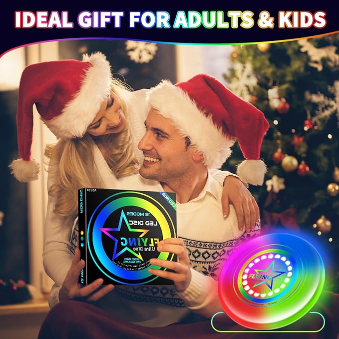 Pro Glow in the Dark Flying Disc for Kids Adults, 7 Lighting Smart Modes Flying Ring Toy for Outdoor Game, Camping Essentials for Kids/Teens/Boy/Girl, Safe, Waterproof, 175g, Lawn, Yard, Beach Toy