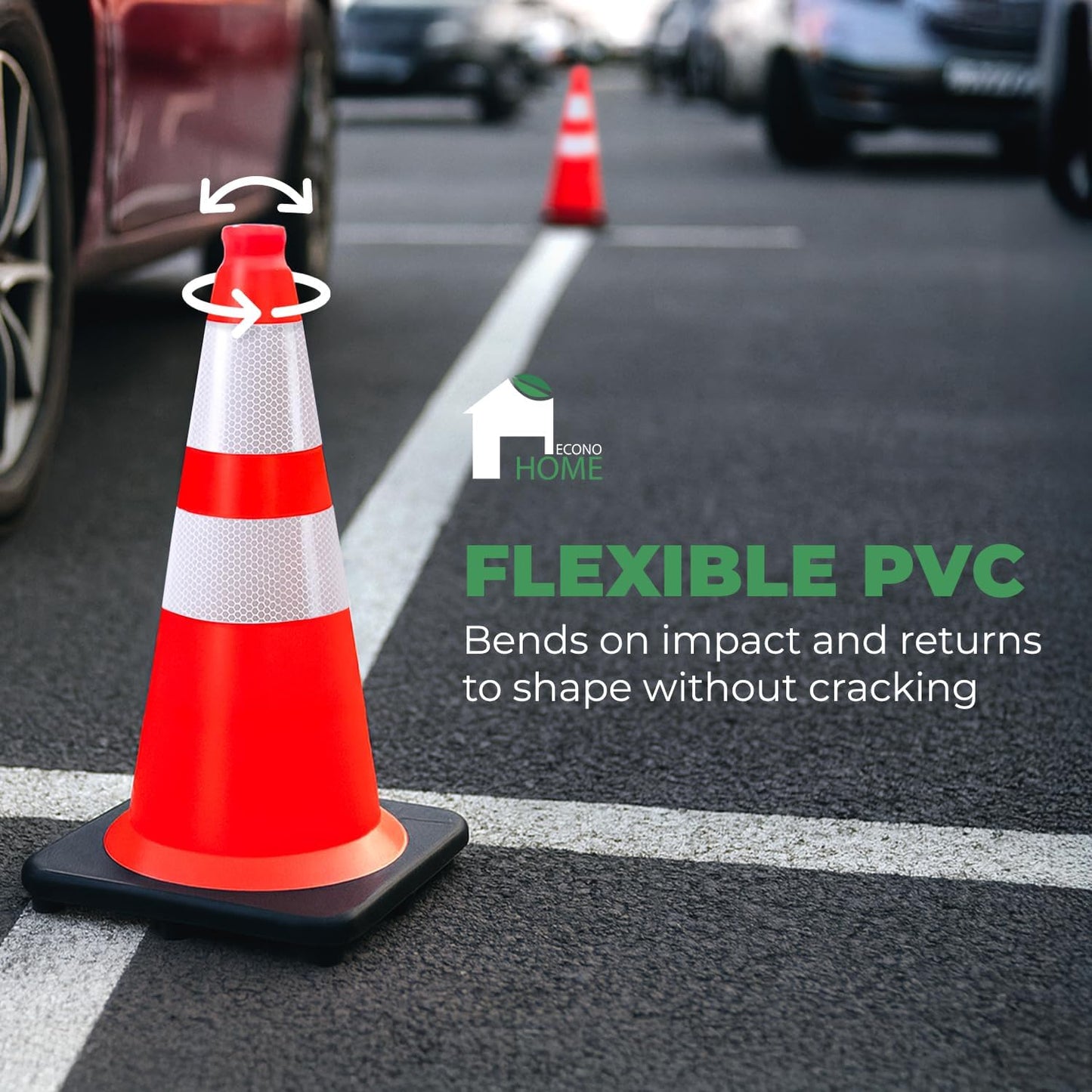 EconoHome Reflective Traffic Cones - 5.3 lbs Weighted Orange Safety Cones for Parking Lot, Traffic Control, Construction, Road Safety - Heavy Duty Square Base, Flexible PVC - 28-Inch Tall - 8-Pack