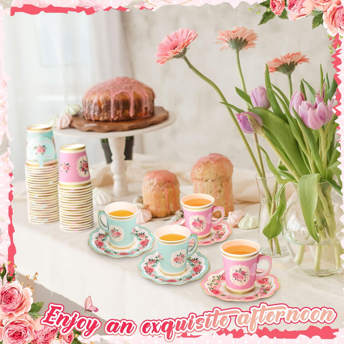 Tioncy 100 Pcs Tea Party Decorations Include 50 Pieces 9 oz Paper Tea Cups with Handle and 50 Plates Disposable Teacups and Saucers Sets for Birthday(Pink and Blue Floral)