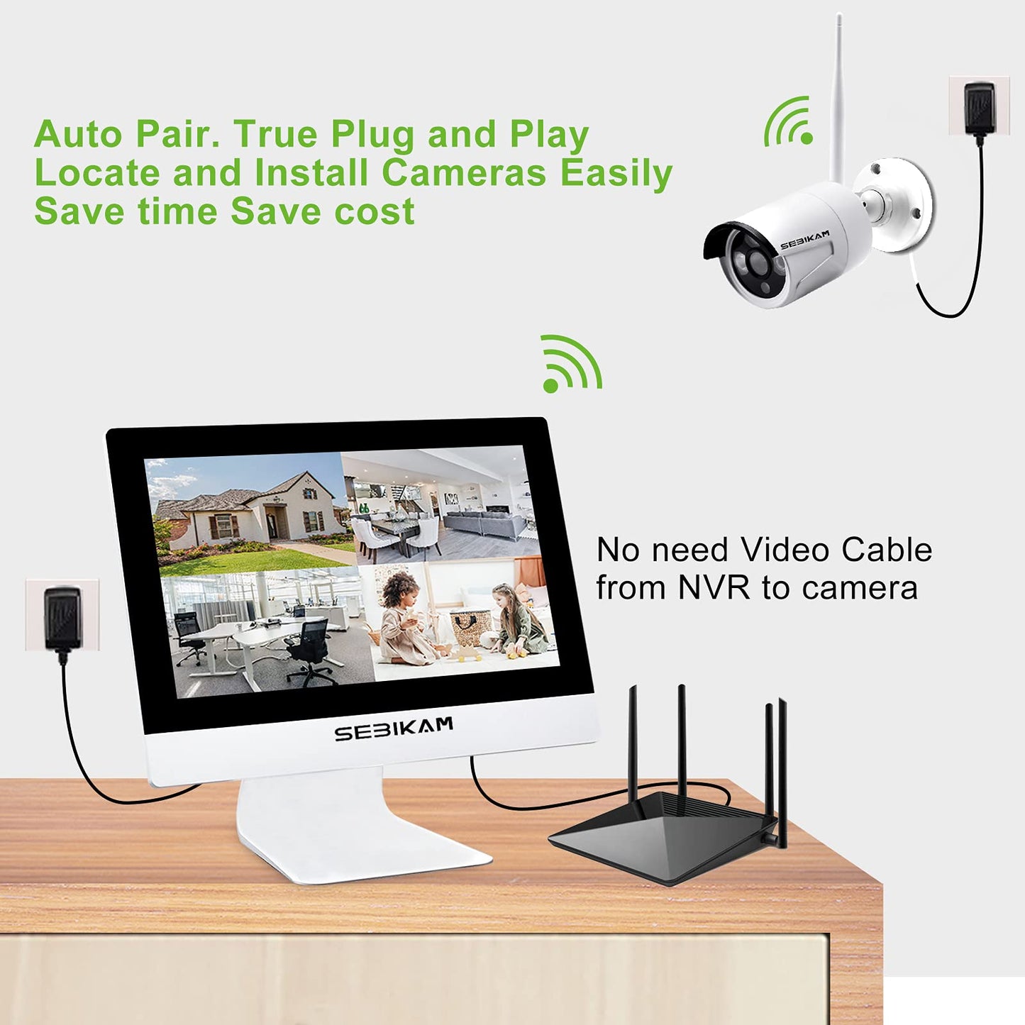 SEBIKAM 2K Wireless Security Camera System Outdoor with 10.1" Monitor, 4pcs 3MP Wired Plug-in Powered Cameras 2-Way Audio, No Monthly Fees, Night Vision, Motion Detection Surveillance (No Hard Drive)