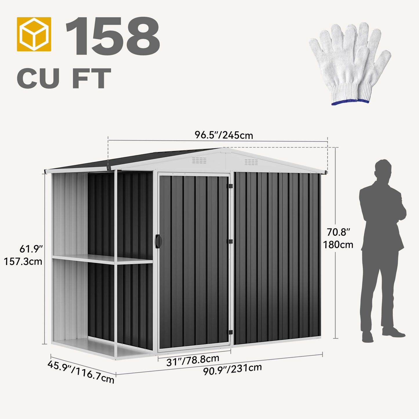 DWVO 8 x 4 ft Outdoor Storage Shed with 2-Tier Shelf, Metal Tool Shed & Garden Storage Cabinet for Backyard, Patio, Equipment & Bike, Dark Gray