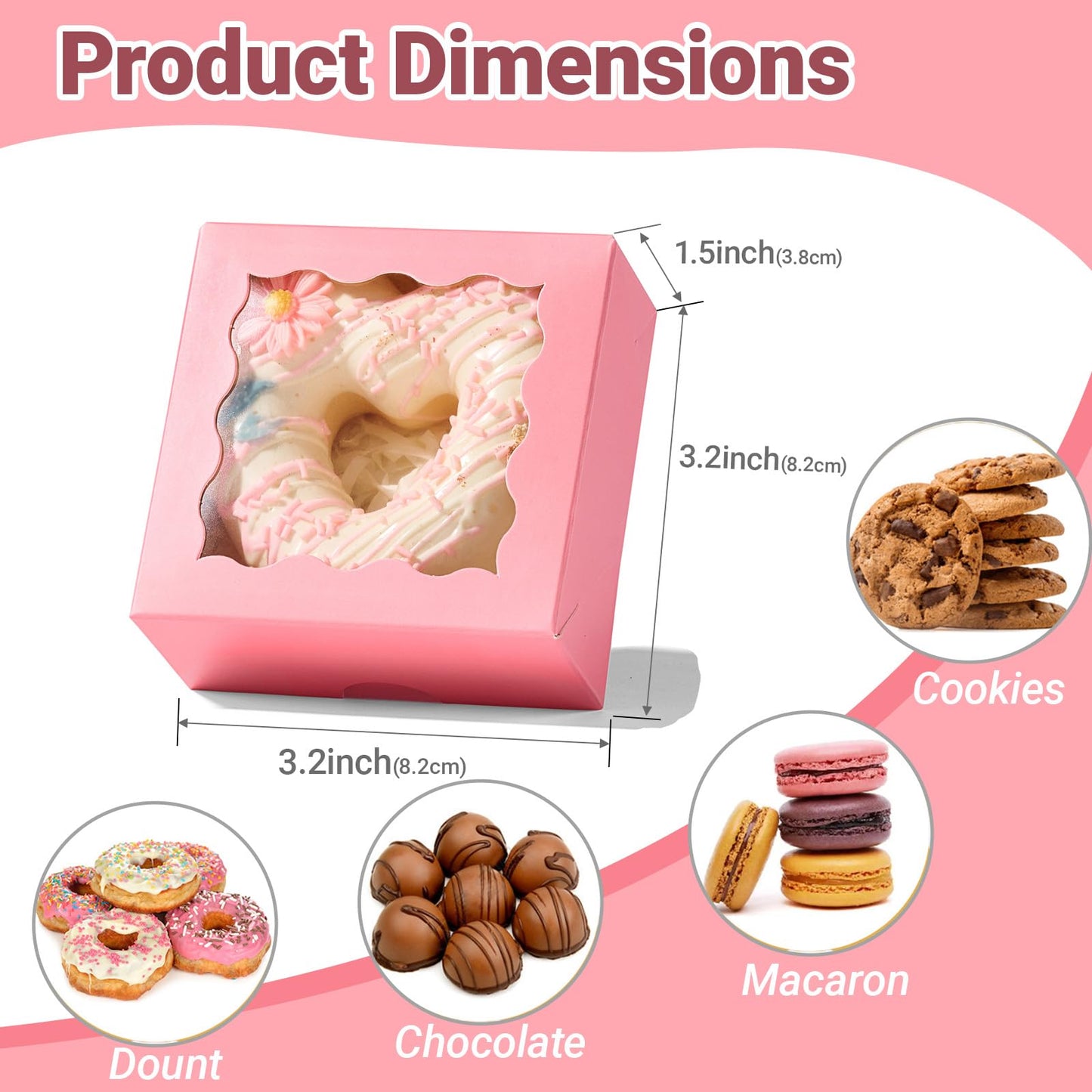 SLShePack 3.2x3.2x1.5 Inches 50PCS Mini Bakery Boxes with Window for Cookies, Soap, Chocolate Truffle, Donut, Macaron(Pink)