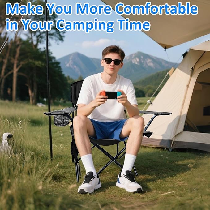 Folding Camping Chair, 225lb Capacity, Includes Cup Holder & Side Storage Bag, 5.5lbs Portable for Beach, Camping, Sport,2PCS Black
