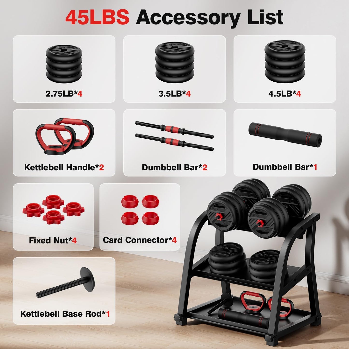 Cvonte Adjustable Dumbbell Set, 45lbs Free Weight Set With Double Locknut, 5-in-1 Dumbbells Set Includes Barbell, Kettlebells, Push up Stand, Fitness Exercise for Home Gym Suitable Men/Women