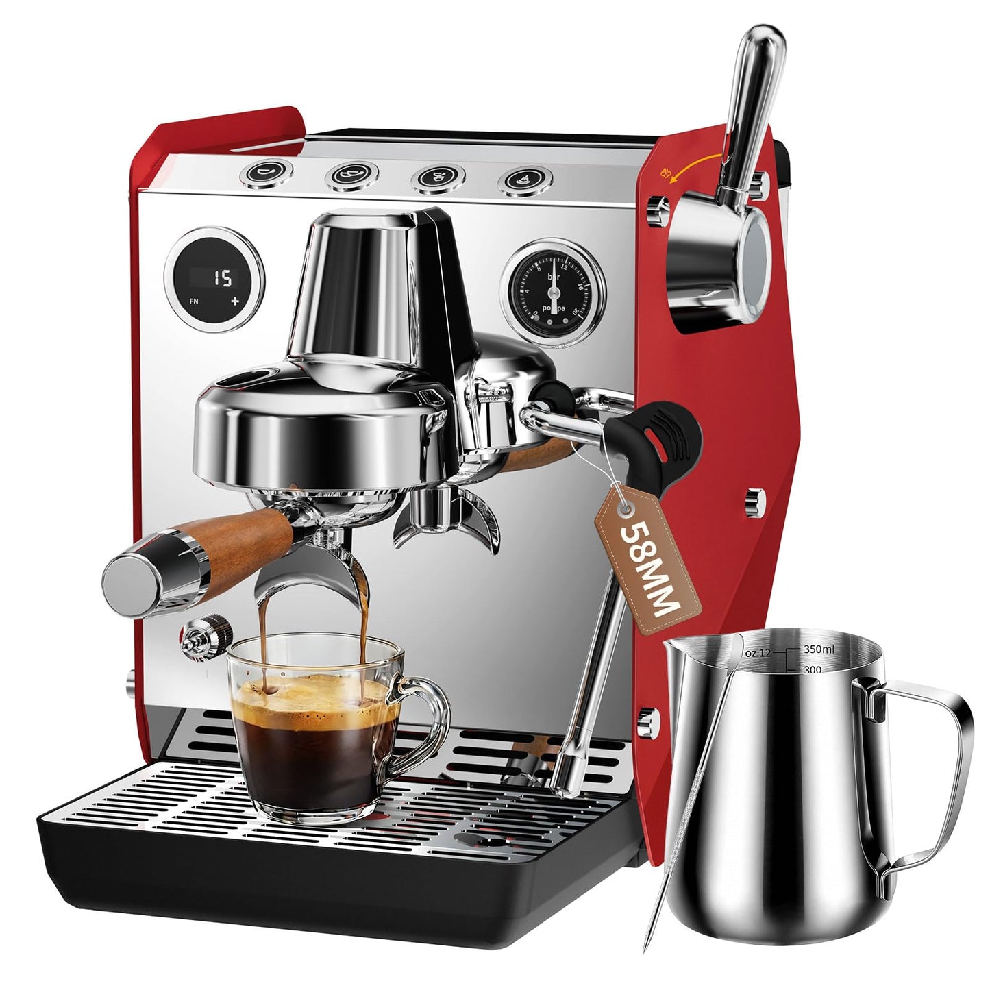 SECPOEDR 15 Bar Espresso Machine with Milk Frother Cappuccino Latte Expreso Machine for Home,68OZ Water Tank,Dual Display with 12oz Milk Frothing Pitcher (Red)
