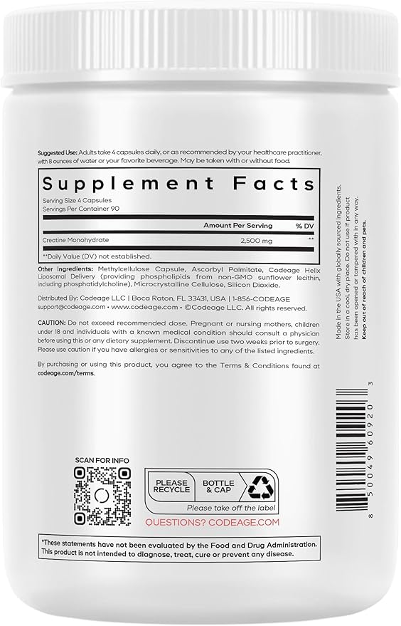 Codeage Liposomal Creatine Monohydrate Supplement, Pure Creatine 2500mg - 3 Months Supply, Micronized, Creatinine Muscles Sports Nutrition and Athletes, Non-GMO - 360 Capsules