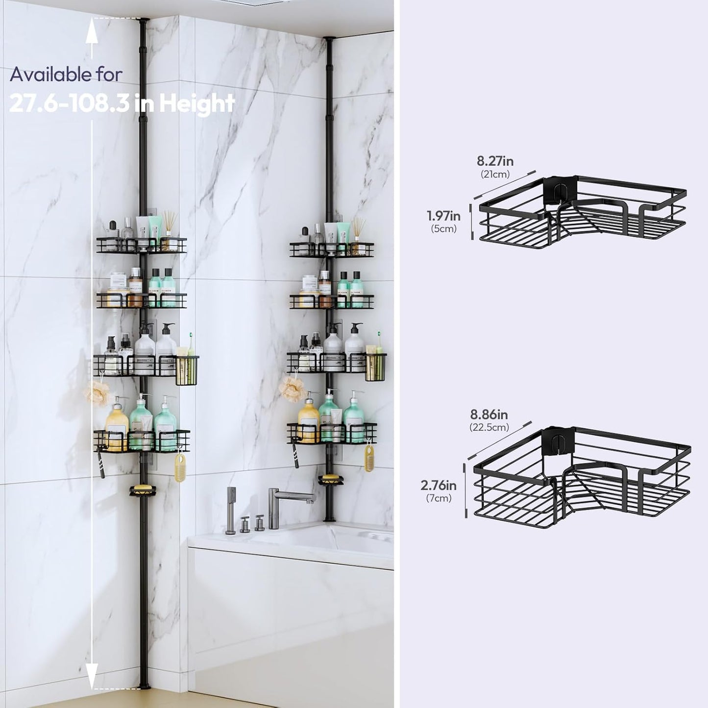 SWTYMIKI Shower Caddy Tension Pole - 4-Tier Adjustable Bathroom Organizer with Soap Holder & Hooks | Black 27.6-108.3 Inch
