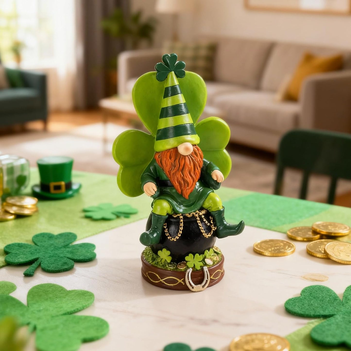 Skiennix St. Patrick's Day Gnomes - Resin Leprechaun Pot of Gold Figurines | Green Indoor Decor