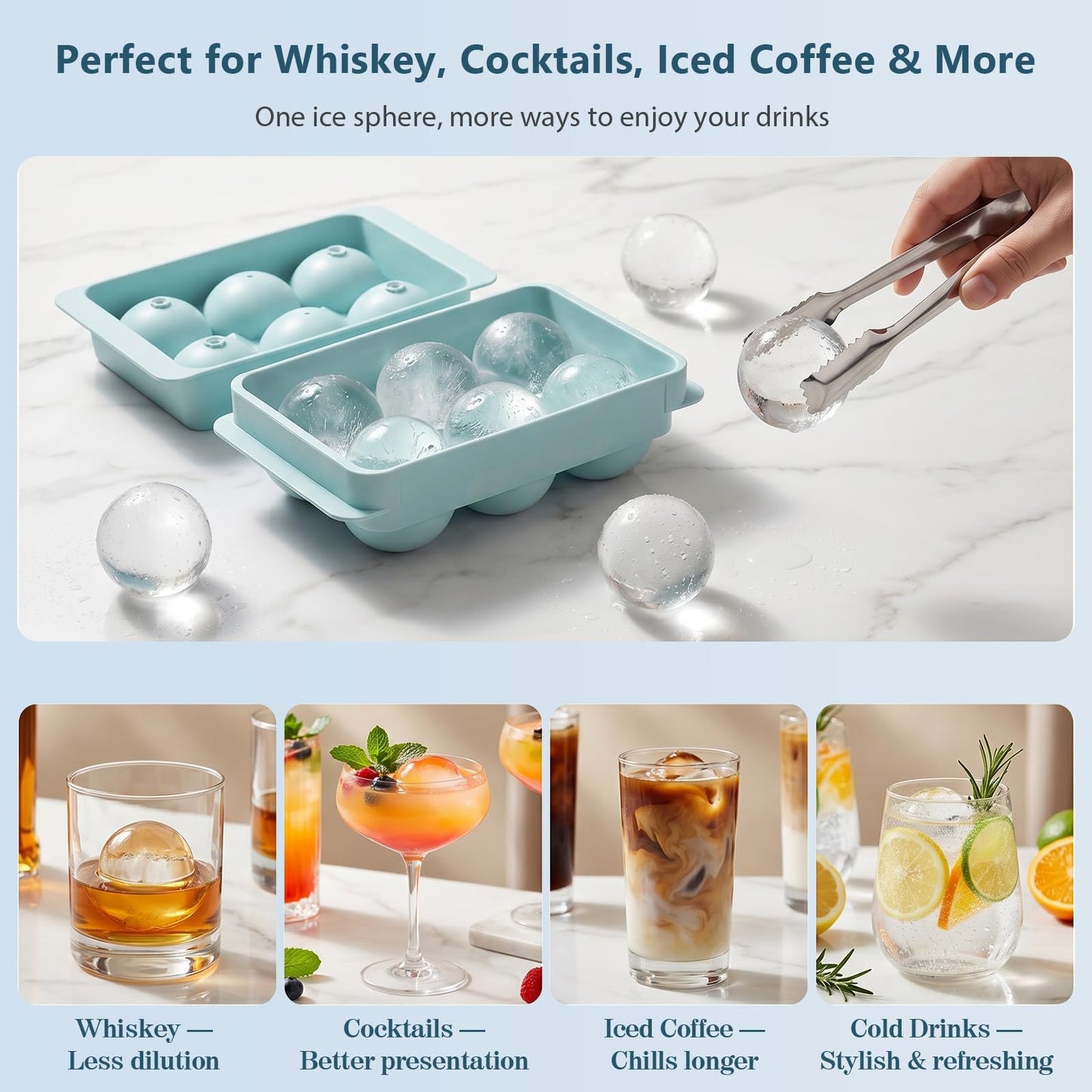 WIBIMEN Large Ice Cube Molds, Big Round Whiskey Ice Cube Trays for Freezer, Easy to Fill & Release, Whiskey Bourbon Cocktail(1.9In*6 Balls- Blue/2 Pack)