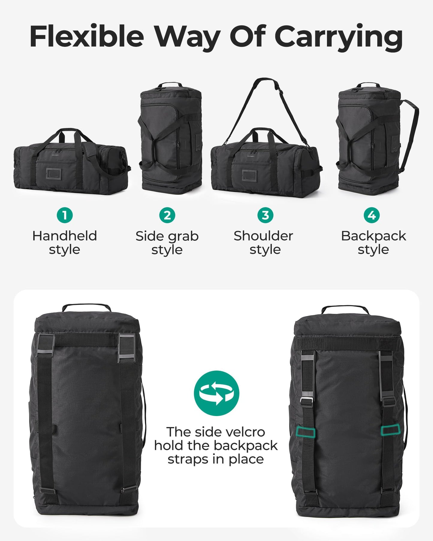 BAGSAMRT 60L Foldable Duffle Bag for Travel, Large Travel Duffel Bag for Men, 4 in 1 Travel Backpack, Carry on Weekender Bag, Black