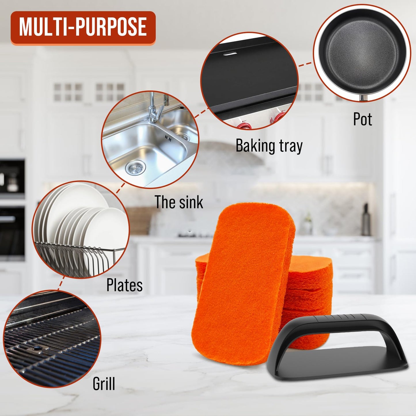 6-Piece Griddle Cleaning Kit for Blackstone, Flat Top Grill Cleaning Kit Non-Scratch Scouring Pads for Kitchen - 5 Scrubber Pads and 1 Handle