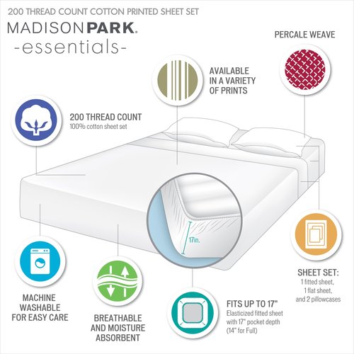 Madison Park 100% Cotton Sheets, Breathable & Soft Cotton Bed Sheets, Printed Design, Elastic Pocket Cotton Sheet Set Fits Up to 17" Mattress, All Season, Queen Green Leaves 4 Piece