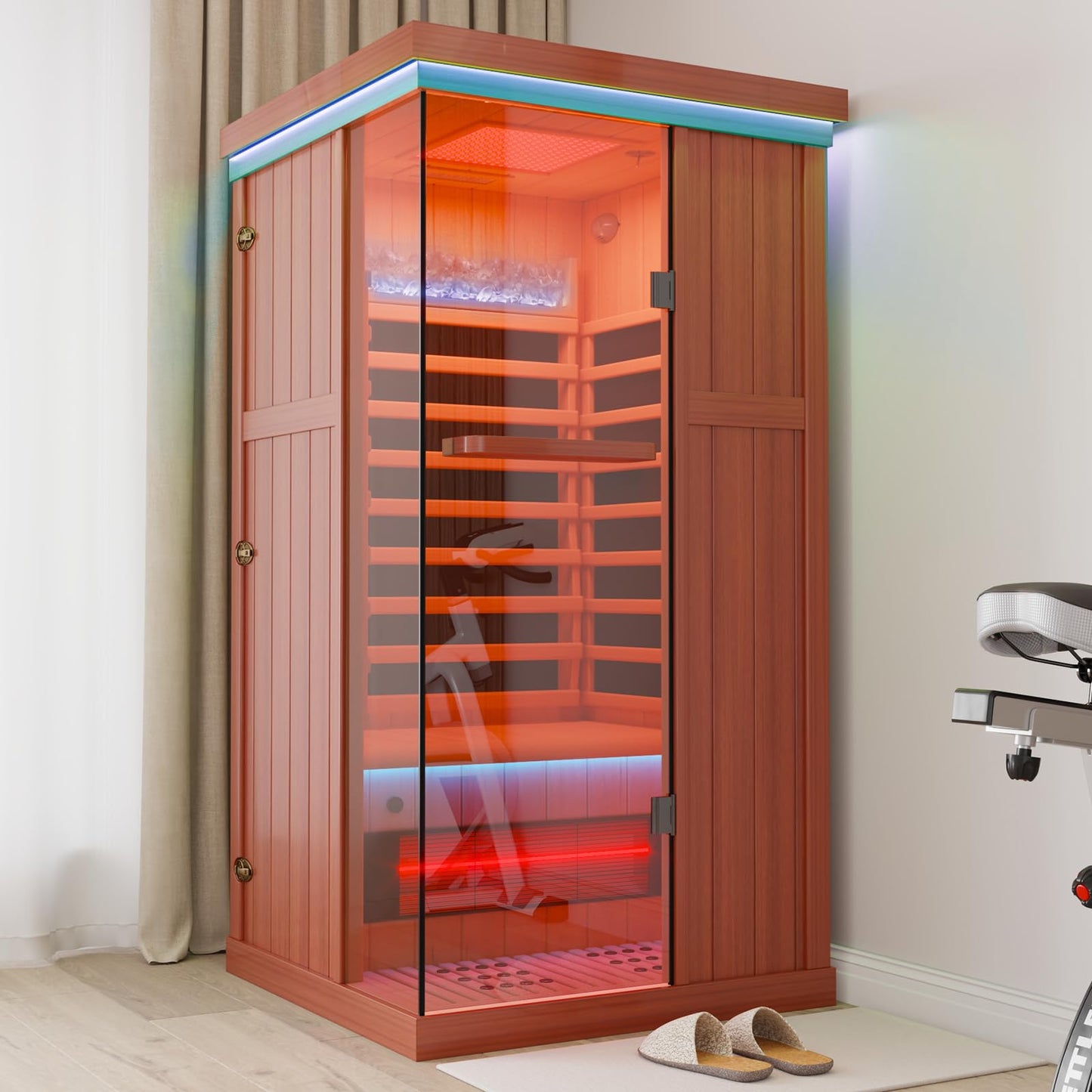MEISSALIVVE Full Spectrum Infrared Sauna,1 Person Home Sauna, Red Cedar Indoor Spa Sauna with Resonance Speaker and Tempered Glass