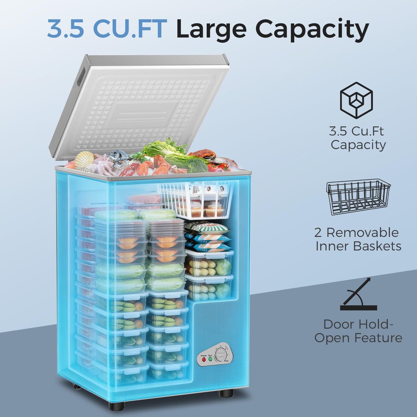 OSTBA 3.5 Cu.Ft Chest Freezer, Compact Deep Freezer with 2 Removable Baskets, Bottom Wheels, 6-Level Temperature Control with Fast Freeze Mode, Energy Saving Quiet Freezer, Silver
