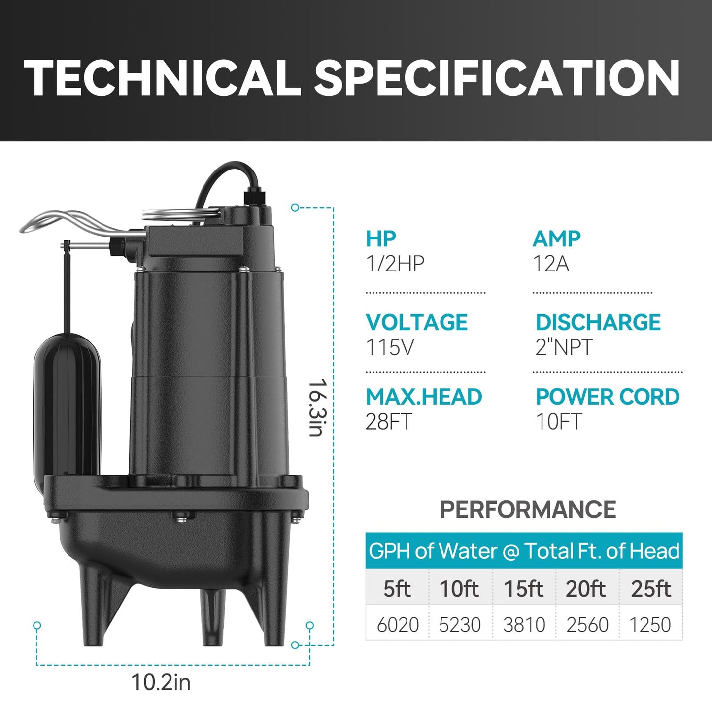 BOMGIE 1/2 HP Sewage Pump, Cast Iron Effluent Pump, Automatic Float Switch, Sewage Sump Pump for Sump Basin, Basement, Residential Sewage, 2'' NPT Discharge, Dark