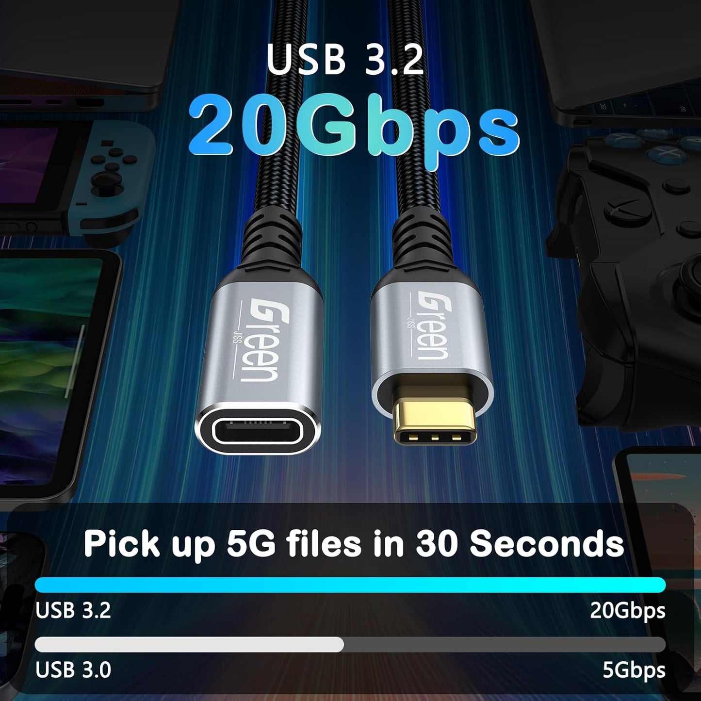 1.5ft 3.3ft 5ft 6.6ft 10ft, 20Gbps/4K@60Hz USB3.2 240W 17 16 15 PSVR2/Hub/iPad 1.5ft USB C Extension Cable, Video