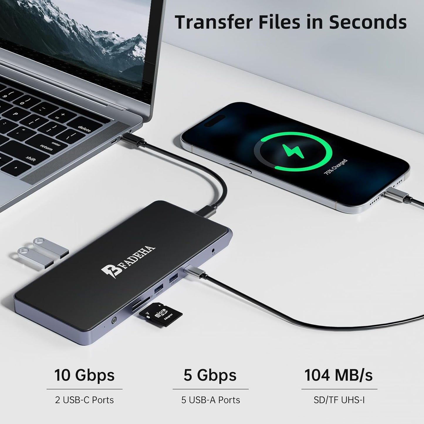 BFADEHA 3 14 1 HDMI*2, 4K60Hz, 10Gbps 1Gbps USB C Universal Docking Station for Monitors, Power Adapter Attached
