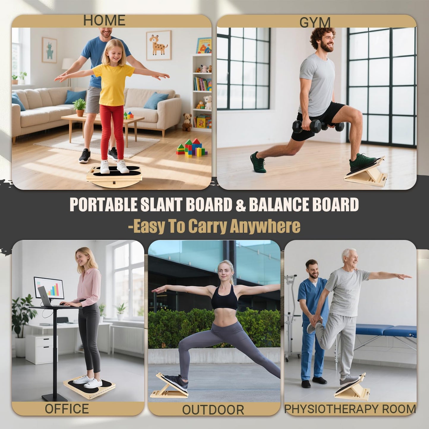 3-in-1 Slant Board & 180°/360° Balance Board, Portable 6 Angle Adjustable Calf Stretcher with Training Poster, Anti-Slip 300LBS Wobble Board for Physical Therapy, Standing Desk & Core Strength