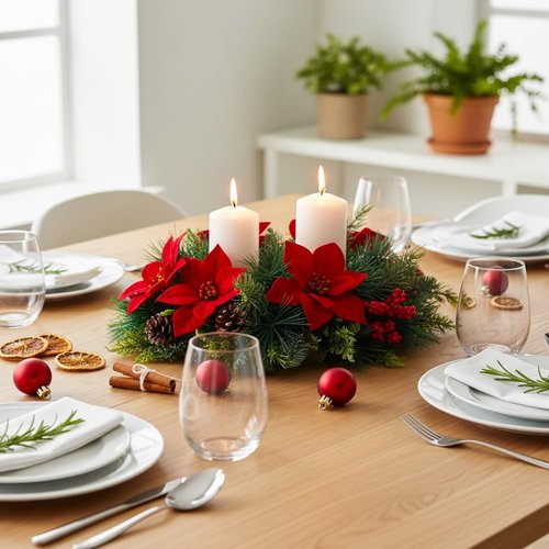 Kathfly 20" Christmas Poinsettia Centerpiece - Elegant Dining Table Decoration with Candle Holders & Red Flowers
