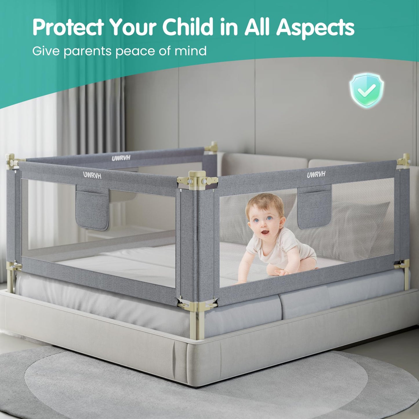 UWRVH Bed Rails for Toddlers,Toddler Bed Rails,Bed Rail for Baby - Adjustable Height Bed Guard with Child Safety Lock, Universal Fit for King/Full/Twin Beds (Grey, 1 Side 74.8Inch)