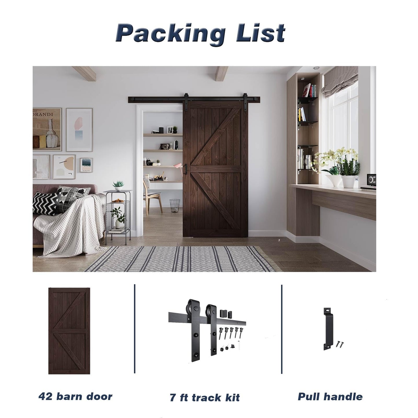 FREDBECK 42in x 84in Brown Barn Door with 7ft (84inch) Barn Door Hardware Track Kit and Handle Included, Double Surfaces,Simple Assembly is Required,K-Frame,Coffee