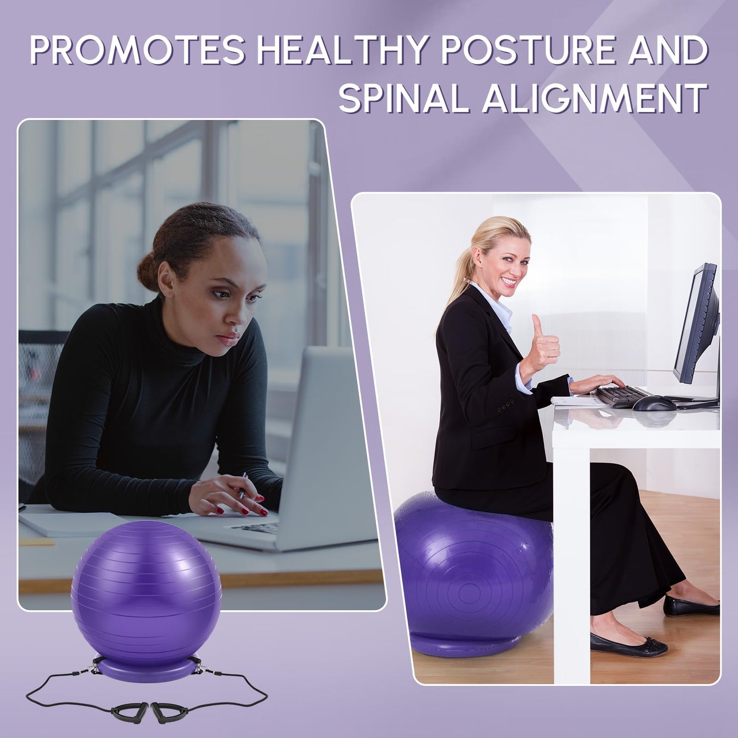 Blueweenly Yoga Ball Chair with Inflatable Stability Base Resistance Bands 65 cm Stability Ball Large Exercise Ball for Home Workout Office Desk Sitting Gym Fitness Back Pain Balance, Include Air Pump