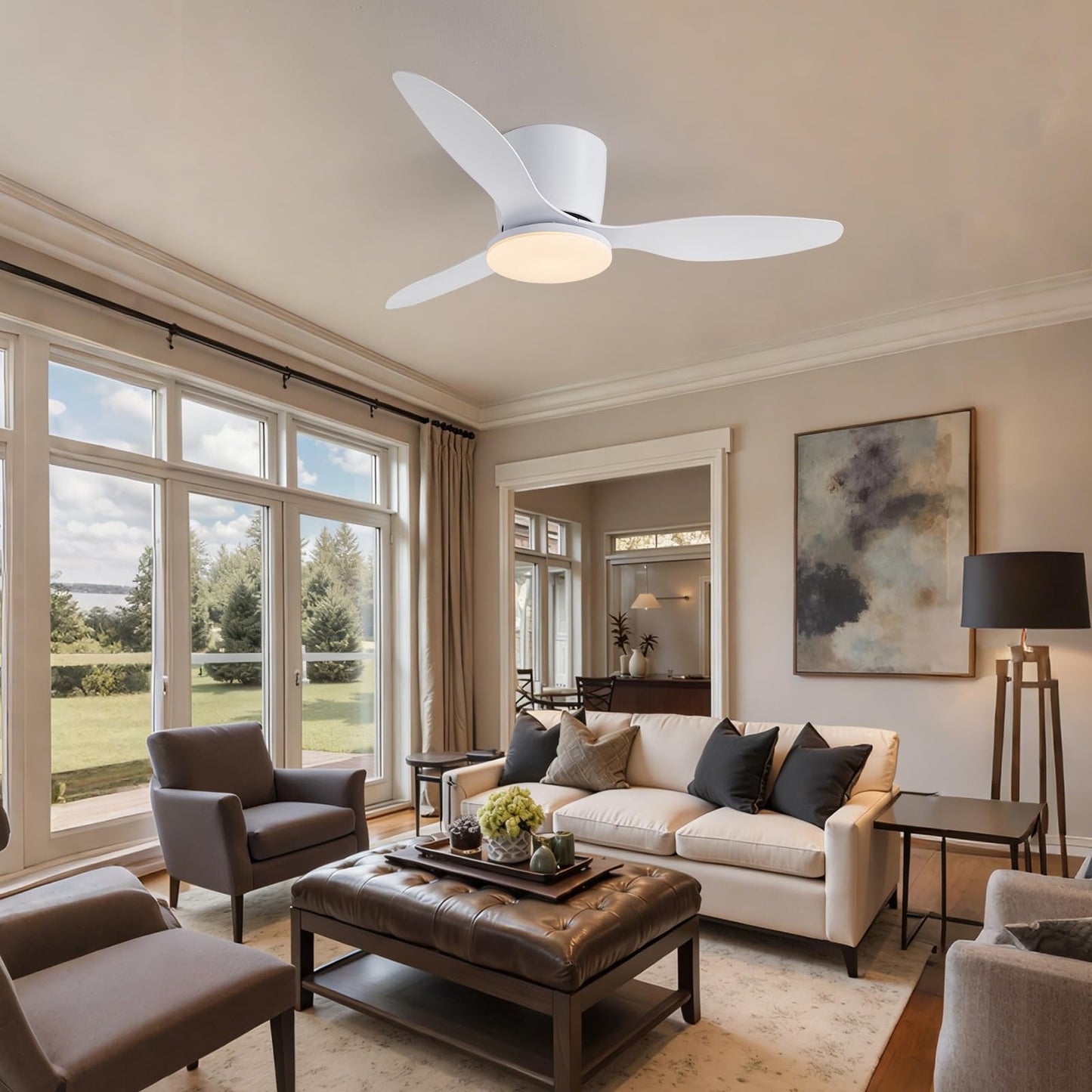 Nuoqiso 42 Inch Flush Mount Ceiling Fans with Lights and Remote Control, White Low Profile Ceiling Fan for Bedroom, Living Room,Office,Kitchen,Patios Indoor and Outdoor Use