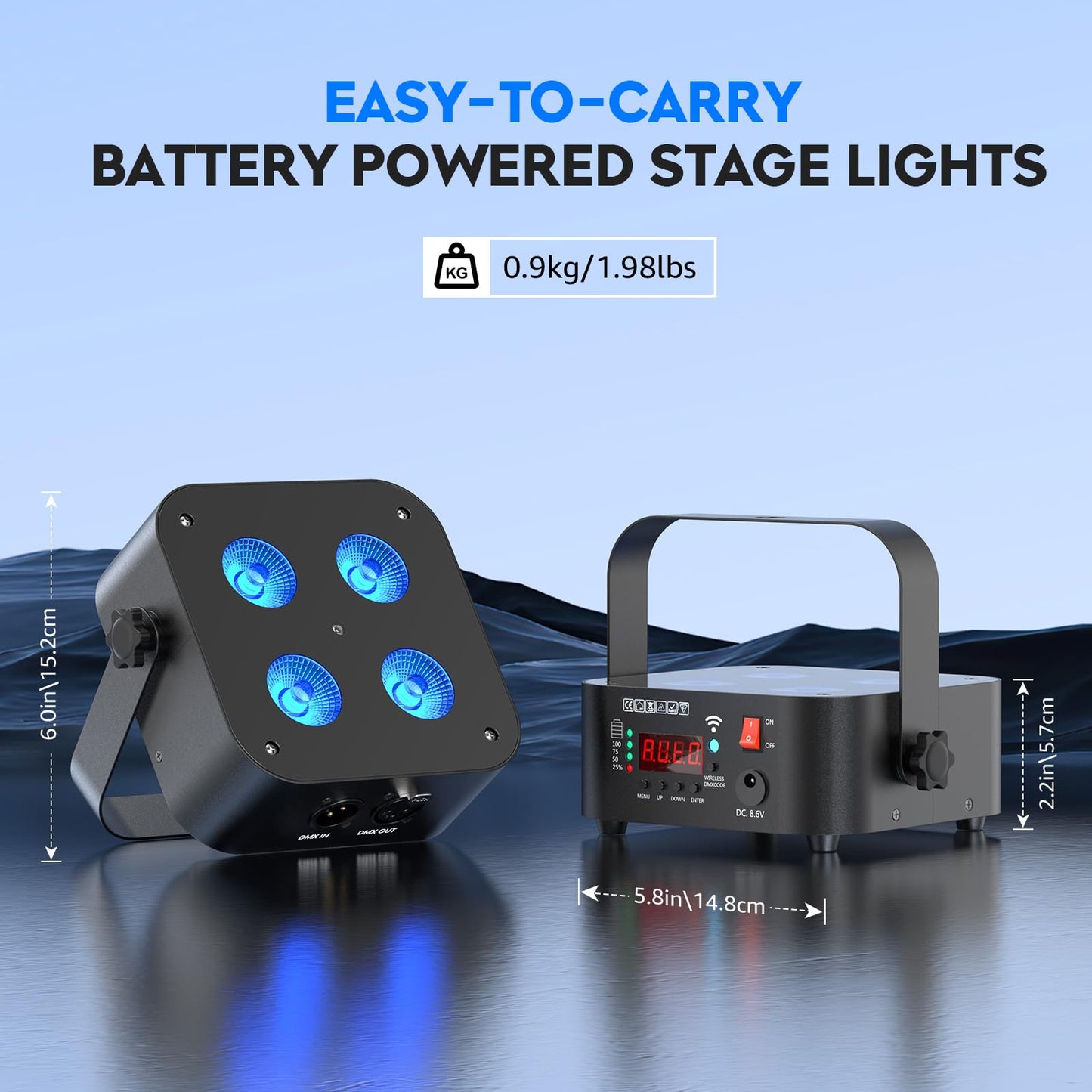 DazzlingStage Mini Rechargeable Par Lights, 4 * 18W RGBWA UV 6 in 1 Battery Powered Upights, APP & Wireless DMX Control Stage Lights, Uplighting for Wedding Birthday Party Festival