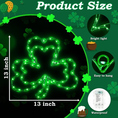 Kenburg 2 Pcs St. Patrick's Day Window Lights, 13" 8 Modes LED Double Shamrock Window Lights, Timed Battery Powered with Remote, Lighted Irish Green Clover Iron Silhouette for Window Home Decoration