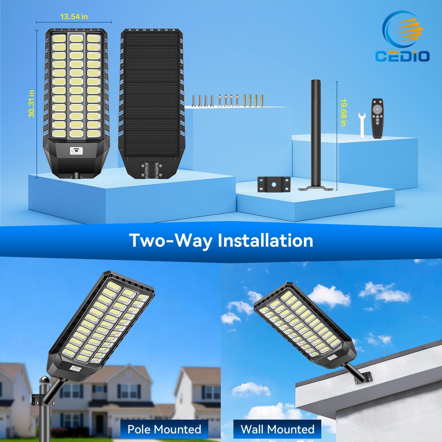 CEDIO 12000W Commercial Grade Solar Street Light, IP67 Waterproof Heavy Duty LED Flood Light with Remote & Motion Sensor, Dusk to Dawn Security Light for Parking Lot, Farm, Property, Yard, 2 Pack
