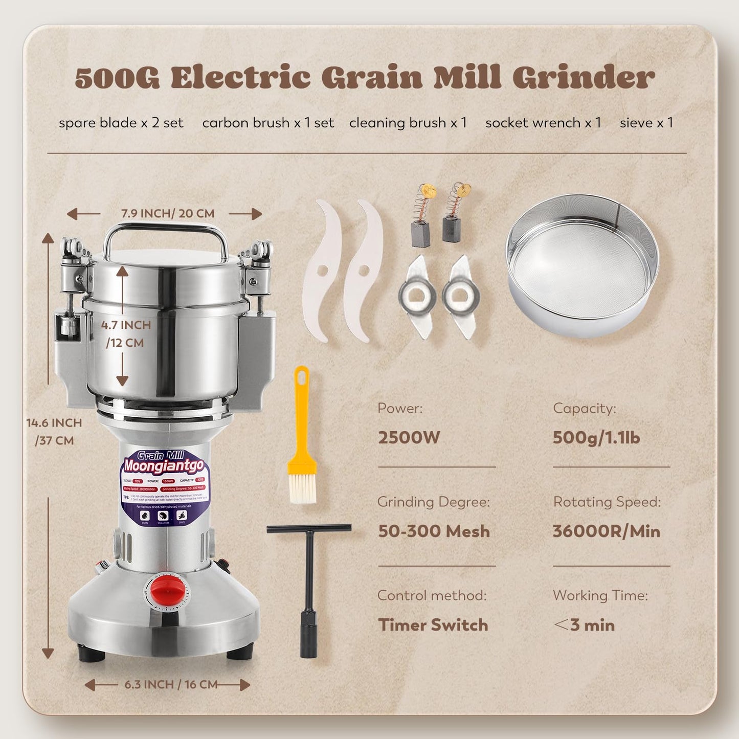 Moongiantgo Grain Mill Grinder Electric 500g with 4 Pairs of Carbon Brushes and Carbon Brush Caps