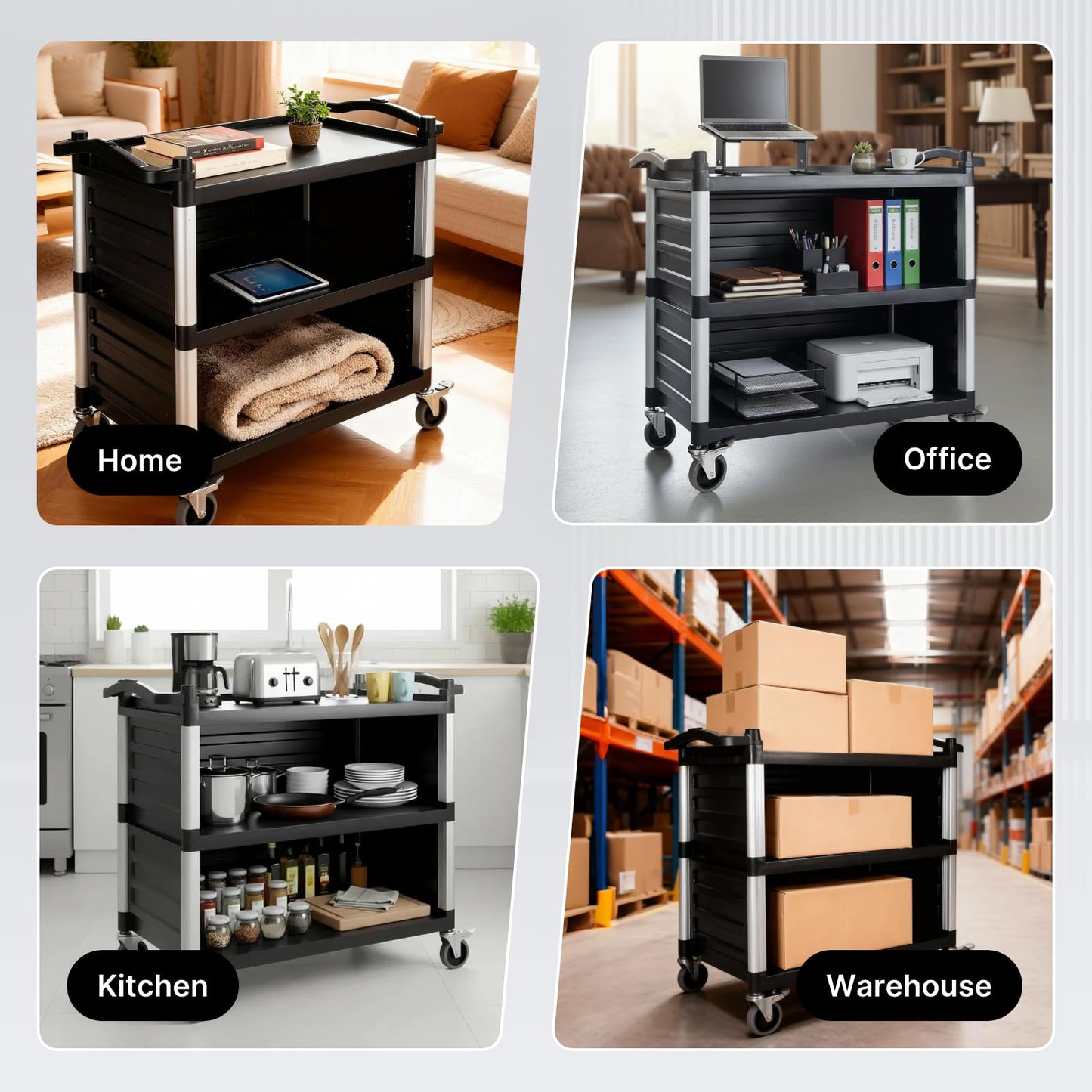 NorthSky Select Dual-Handle Utility Service Cart, 3 Shelves, 440 lb. Capacity -Black Plastic Shelves, Lockable Swivel Casters - Suitable for Hospital, Lab, Hotel, Office Transport & Organizing