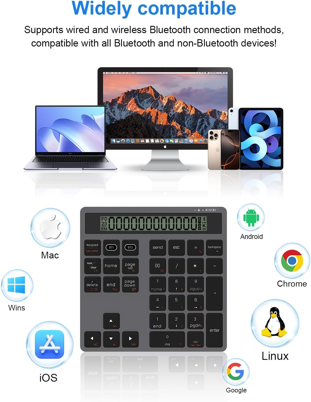 Tioleje 2-IN-1 34-Key Accounting 2in1 Rechargeable Bluetooth Number Pad with Display Calculator - Wireless & Wired