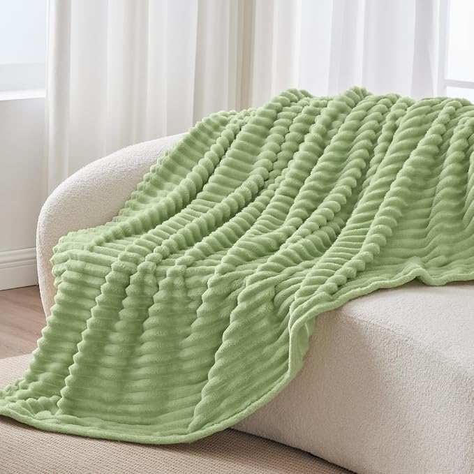 BEDELITE Fleece Throw Blanket for Couch - 300GSM Soft & Warm Fluffy Sage Green Blanket, Decorative and Giftable Striped Blankets for Women, Men, 50"x60"