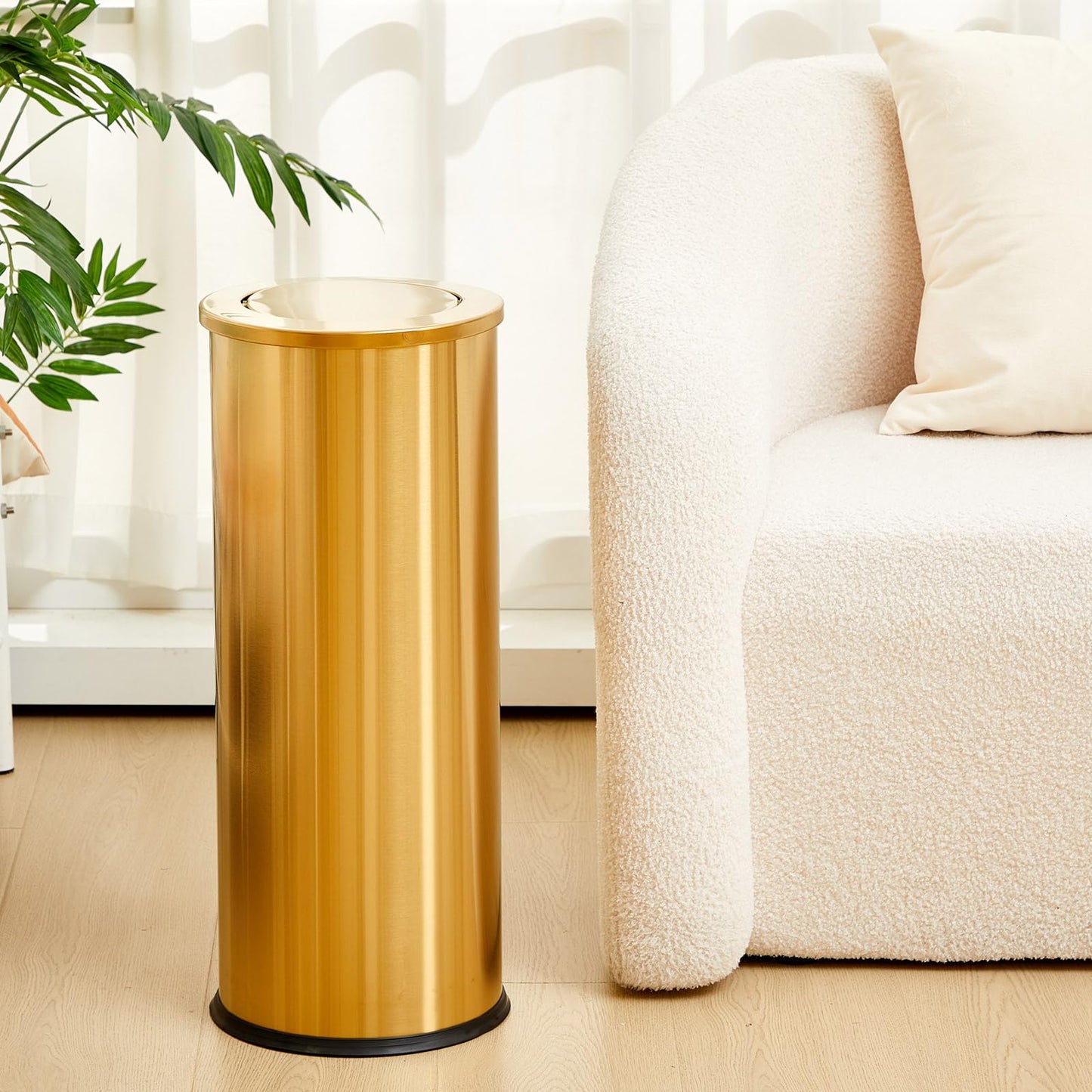 Reallnaive 2 Set 30L/8GAL Gold Lidded Trash Can with 200 Garbage Bags Metallic Gold Brass Kitchen Garbage Bin with Flip Lid Commercial Compact Waste Basket for Shopping Centers, Elevator Doors, Hotels