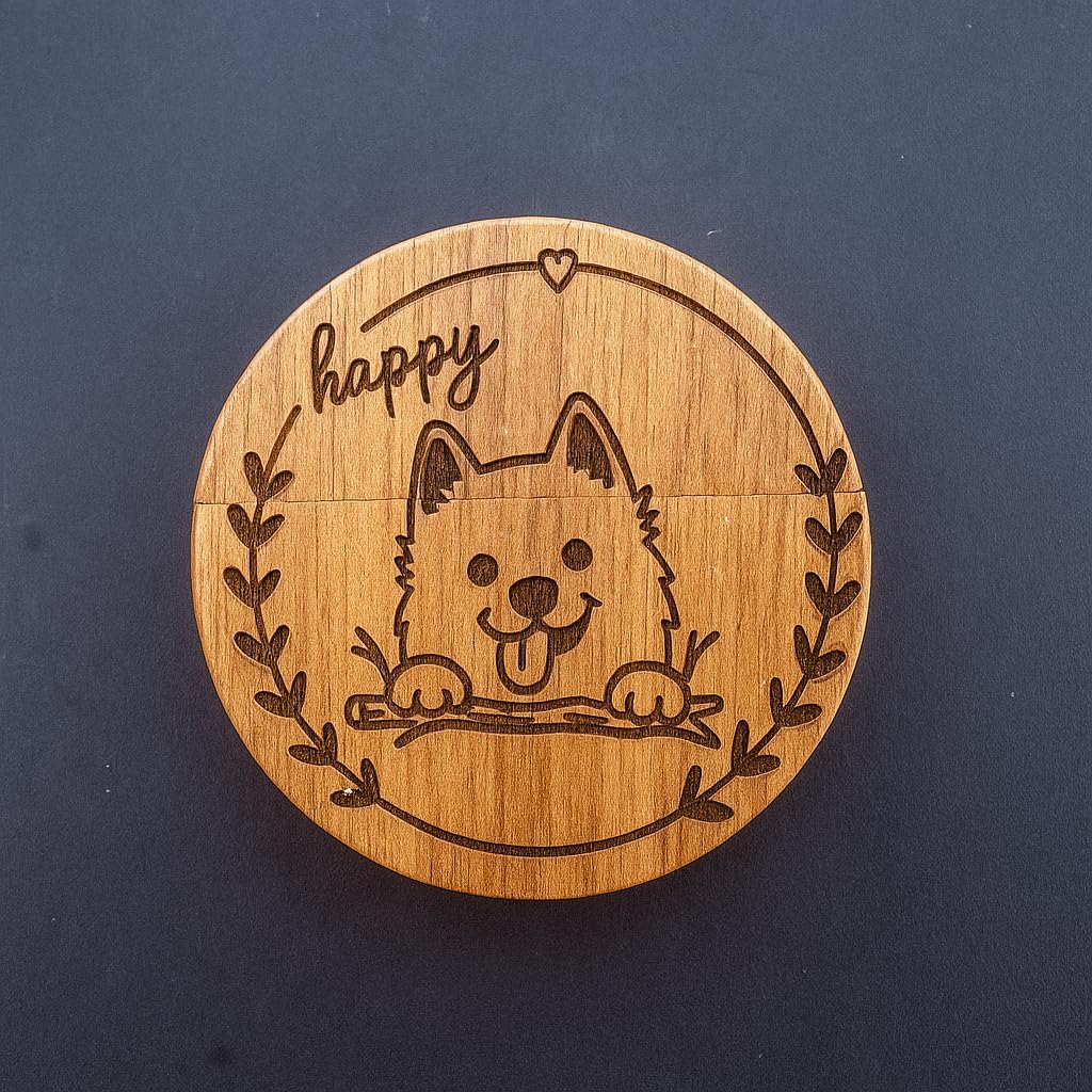 LONMAIX 16GB Round Walnut Wood USB Flash Drive - Laser-Engraved Cute Dog Design, Gift & Party Favor